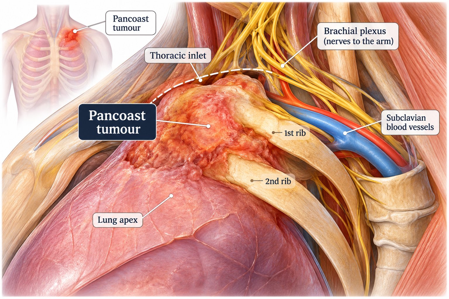 Pancoast tumour at the top of the lung growing towards the first and second ribs, the brachial plexus (the nerves to the arm) and the subclavian blood vessels at the thoracic inlet